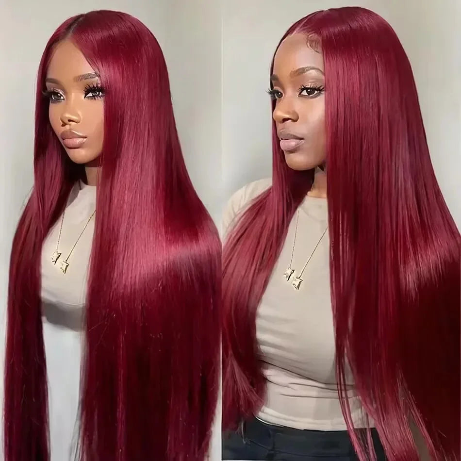 99J Colored Lace Front Human Hair Wigs Straight Burgundy 13x4 HD Transparent Full Lace Frontal Wig Red Glueless Wigs For Women