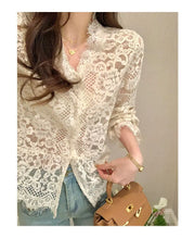 Women's Clothing 2024 Spring Autumn Sexy Hollow Out Lace Chic Vintage T-shirts Female Casual Solid V Neck Slim Long Sleeve Tops