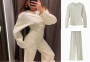 Women's Suit 2025 Spring New Women's Clothing Fashion Long Sleeve O-neck Pleated Top Double-Sided Fabric Office Top Casual Pants