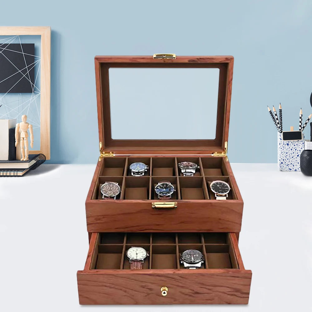 20 Slots Wooden Organizer Jewelry & Watches Display Case Storage Box with Drawer