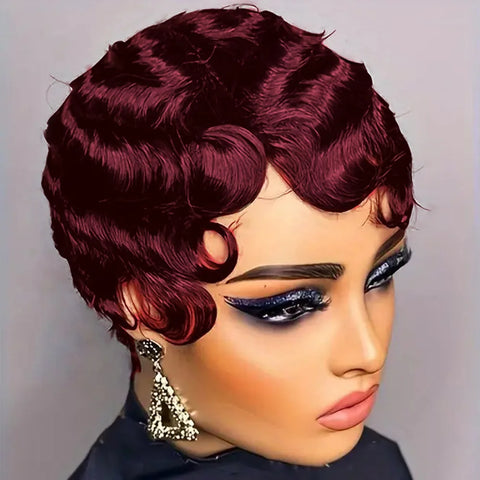 Short Finger Wave Wig Human Hair Wig For Women Brown Short Ocean Wave Wig Pixie Cut Wigs for Woman Natural Color
