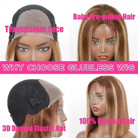 Straight Highlight Glueless Wigs Human Hair Ready To Wear 6X4 Lace Frontal Honey Blonde Short Bob Brazilian Human Hair Wig