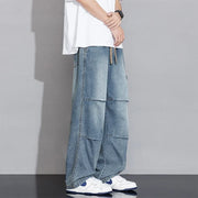 2025 Spring Summer New Vintage Washed Cotton Jeans for Men Clothing Drawstring Straight Men Pants