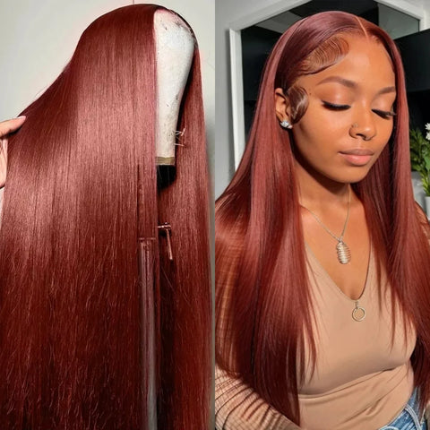 30 inch Reddish Brown Straight Wigs 13x4 HD Lace Human Hair Wig Pre Plucked Colored Lace Frontal Wigs Brazilian 100%Human Wig