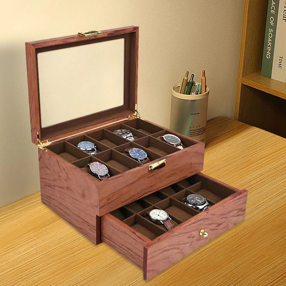 20 Slots Wooden Organizer Jewelry & Watches Display Case Storage Box with Drawer