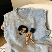 Women's Clothing Vintage Fashion Cartoon Embroidery Sweater Vest Spring New Soft Loose O-neck Sleeveless Knitted Tops