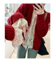 Women's Clothing 2024 Spring Autumn Sexy Hollow Out Lace Chic Vintage T-shirts Female Casual Solid V Neck Slim Long Sleeve Tops