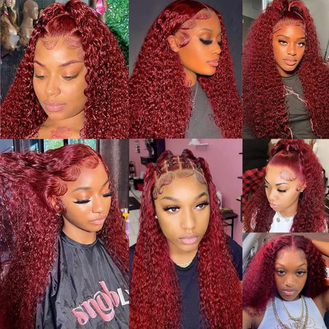 Burgudny Red Kinky Curly Human Hair Wigs Deep Wave 13x4 HD Lace Frontal Wigs 99J Red HD Lace Front 100% Human Hair Wig For Women