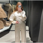 Women's Suit 2025 Spring New Women's Clothing Fashion Long Sleeve O-neck Pleated Top Double-Sided Fabric Office Top Casual Pants