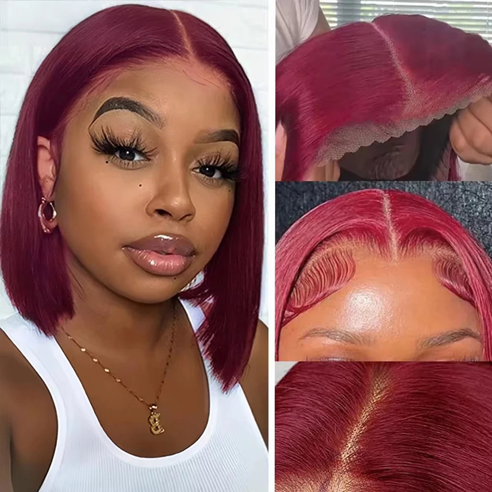 99J Burgundy Short Bob Wig Human Hair 13x4 Lace Front Wig Brazilian Straight Red Color 7x5 Glueless Wigs Ready to Wear For Women