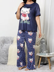 Milk silk sleepwear thin short sleeved long pants set  large size sleepwear  home sleepwear  cute style sleepwear