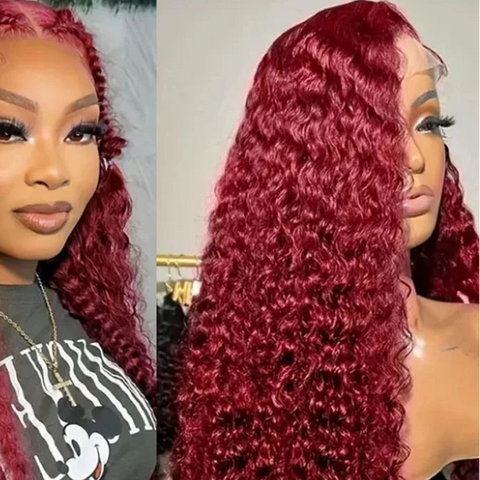 Burgudny Red Kinky Curly Human Hair Wigs Deep Wave 13x4 HD Lace Frontal Wigs 99J Red HD Lace Front 100% Human Hair Wig For Women