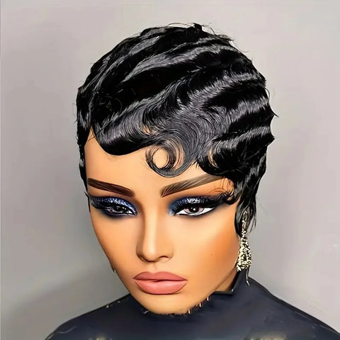 Short Finger Wave Wig Human Hair Wig For Women Brown Short Ocean Wave Wig Pixie Cut Wigs for Woman Natural Color