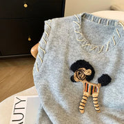 Women's Clothing Vintage Fashion Cartoon Embroidery Sweater Vest Spring New Soft Loose O-neck Sleeveless Knitted Tops