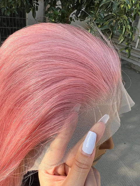 Rose Pink Short Colored Bob Human Hair Wigs Brazilian 13X4 Straight Lace Front Wigs Transparent Lace Pre Plucked Colored Wig