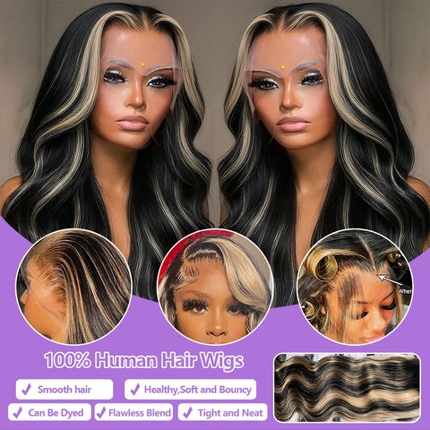 1B/27 Balayage Highlight Body Wave Wig Human Hair 30 Inch 13x4 HD Lace Frontal Wig Ombre Blonde Highlight Brazilian Hair  Wigs