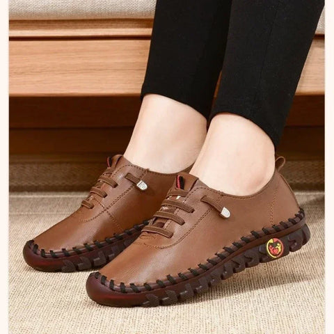 Women  Vintage Breathable Shoes Platform Loafers Lace Up Leather Hollow Slip-On New Fashion Casual Mom Shoe Zapatos Mujer 2024
