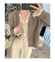 Women's Clothing 2024 Spring Autumn Sexy Hollow Out Lace Chic Vintage T-shirts Female Casual Solid V Neck Slim Long Sleeve Tops