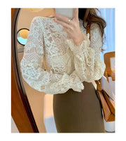 Women's Clothing 2024 Spring Autumn Sexy Hollow Out Lace Chic Vintage T-shirts Female Casual Solid V Neck Slim Long Sleeve Tops