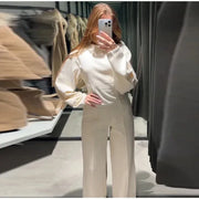 Women's Suit 2025 Spring New Women's Clothing Fashion Long Sleeve O-neck Pleated Top Double-Sided Fabric Office Top Casual Pants