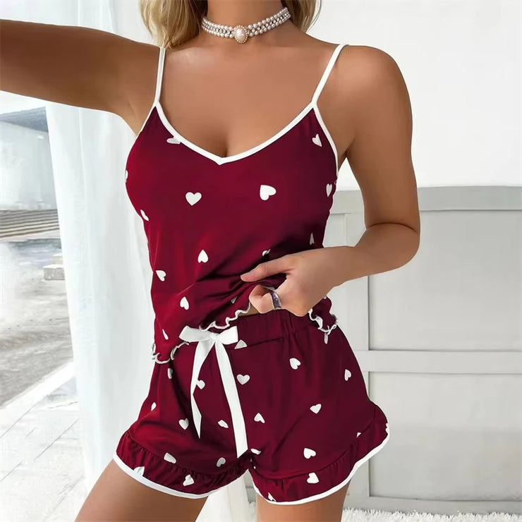 Summer Sleepwear Women Sleepwear Sleeveless Shorts Set 2 PieceS Lace Sleepwear Vest Sleeping Home Clothes New Valentine&