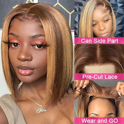 Straight Highlight Glueless Wigs Human Hair Ready To Wear 6X4 Lace Frontal Honey Blonde Short Bob Brazilian Human Hair Wig