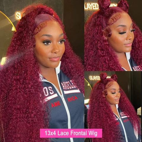 Burgudny Red Kinky Curly Human Hair Wigs Deep Wave 13x4 HD Lace Frontal Wigs 99J Red HD Lace Front 100% Human Hair Wig For Women