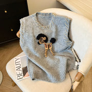 Women's Clothing Vintage Fashion Cartoon Embroidery Sweater Vest Spring New Soft Loose O-neck Sleeveless Knitted Tops