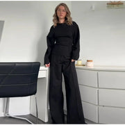 Women's Suit 2025 Spring New Women's Clothing Fashion Long Sleeve O-neck Pleated Top Double-Sided Fabric Office Top Casual Pants