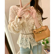 Women's Clothing 2024 Spring Autumn Sexy Hollow Out Lace Chic Vintage T-shirts Female Casual Solid V Neck Slim Long Sleeve Tops