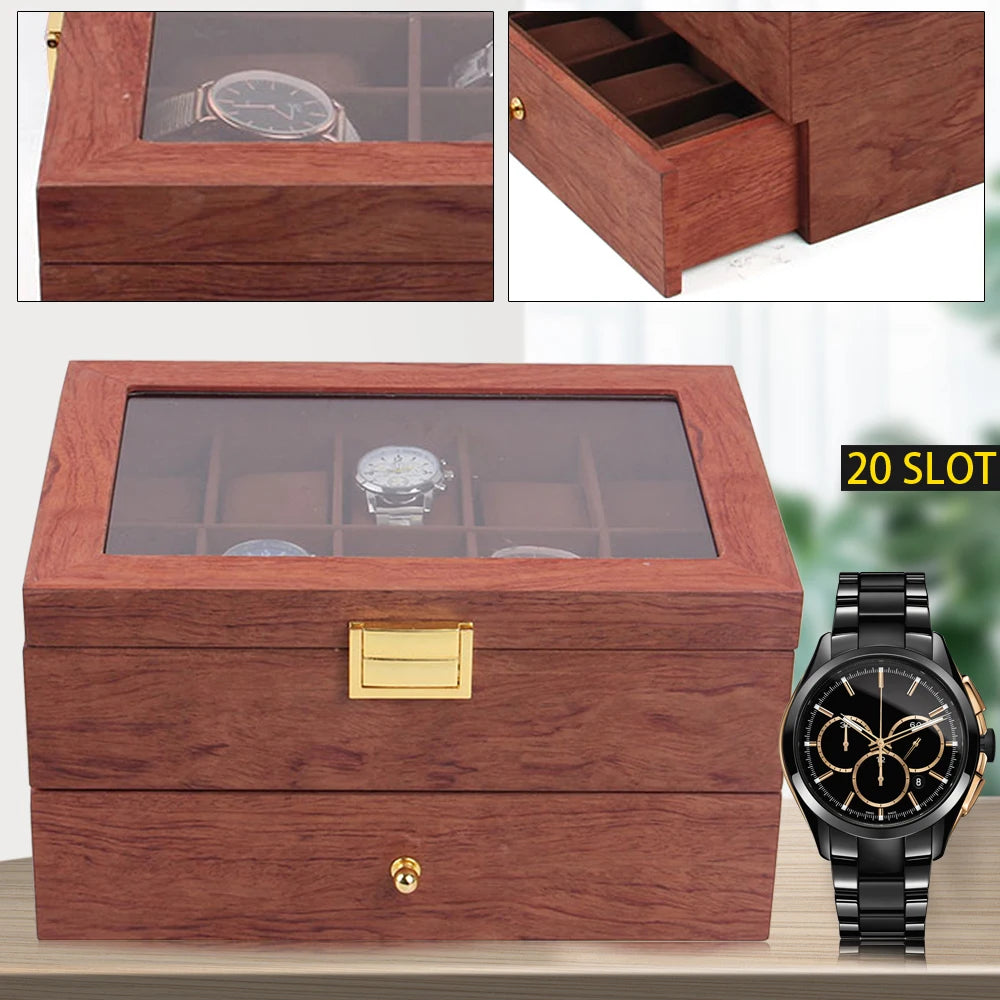 20 Slots Wooden Organizer Jewelry & Watches Display Case Storage Box with Drawer