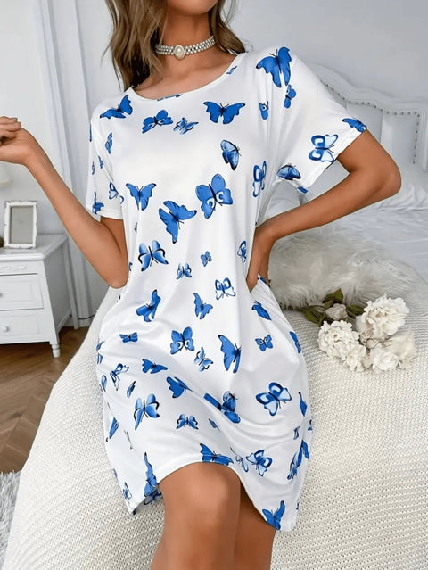Soft and casual sleepwear dress, short-sleeved loose sleepwear with butterfly print, women&
