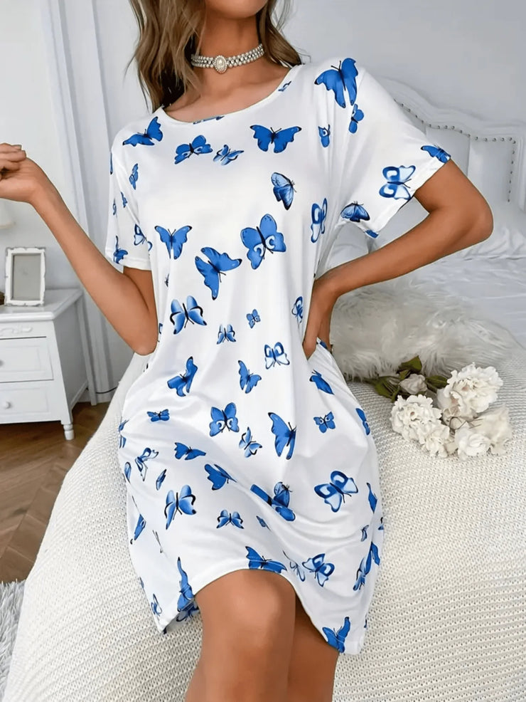Soft and casual sleepwear dress, short-sleeved loose sleepwear with butterfly print, women&