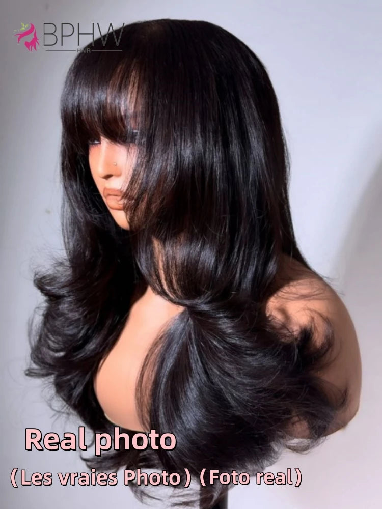 30 inches Body Wave Human Hair Wigs With Bangs Short Bob Wig 180% Density Brazilian Fringe Remy Full Machine Made Wig For Women