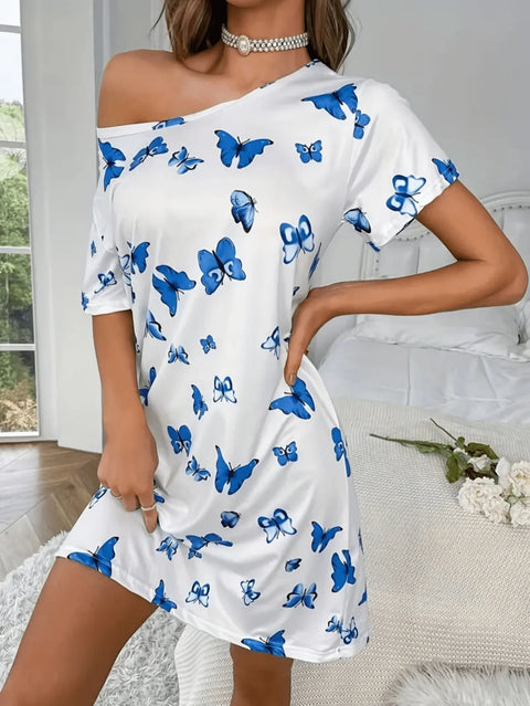 Soft and casual sleepwear dress, short-sleeved loose sleepwear with butterfly print, women&