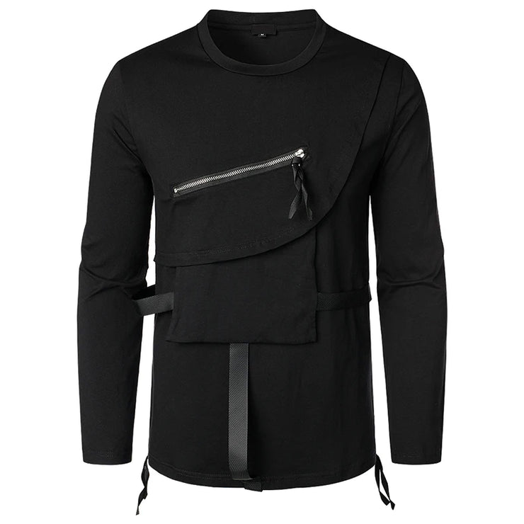 Men Clothing T Shirt High Street Streamer Functional Tactics Personalized Zipper Crewneck T-shirts Black Hip Hop Punk Camisetas