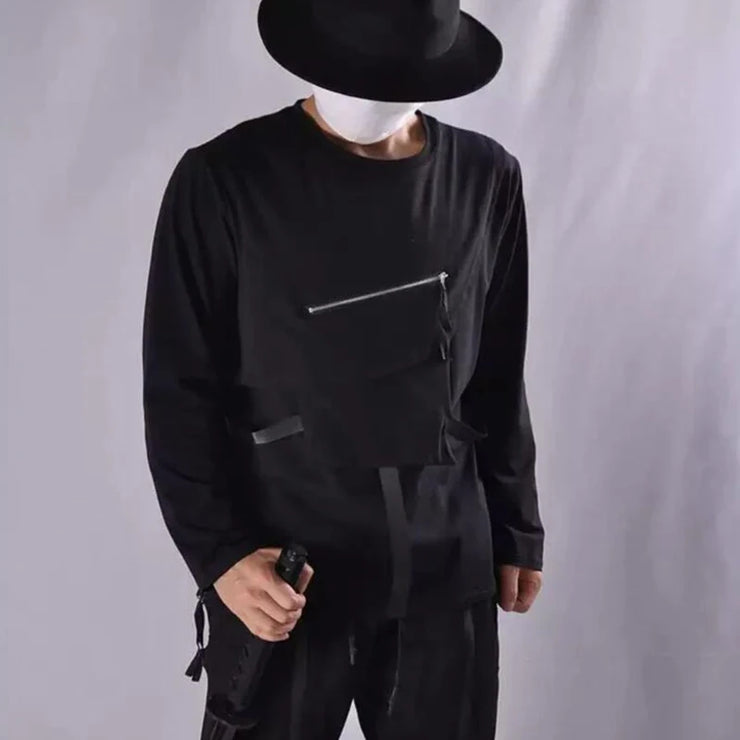Men Clothing T Shirt High Street Streamer Functional Tactics Personalized Zipper Crewneck T-shirts Black Hip Hop Punk Camisetas