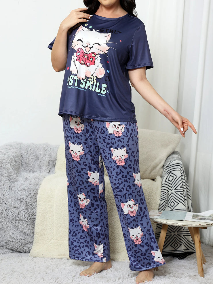 Milk silk sleepwear thin short sleeved long pants set  large size sleepwear  home sleepwear  cute style sleepwear