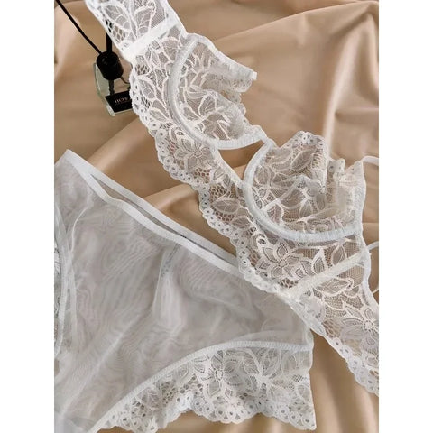 MOYISU White See-through Lace Big Breasts Small Bra Underwear Ultra Thin Set Sexy Pure Desire Underwear Underwear Underwear Set