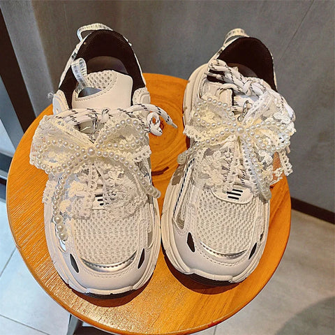 Fashion lace pearl bow shoelace buckle Sneakers decorative charm shoe flower buckle Men&