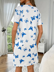 Soft and casual sleepwear dress, short-sleeved loose sleepwear with butterfly print, women's sleepwear and loungewear
