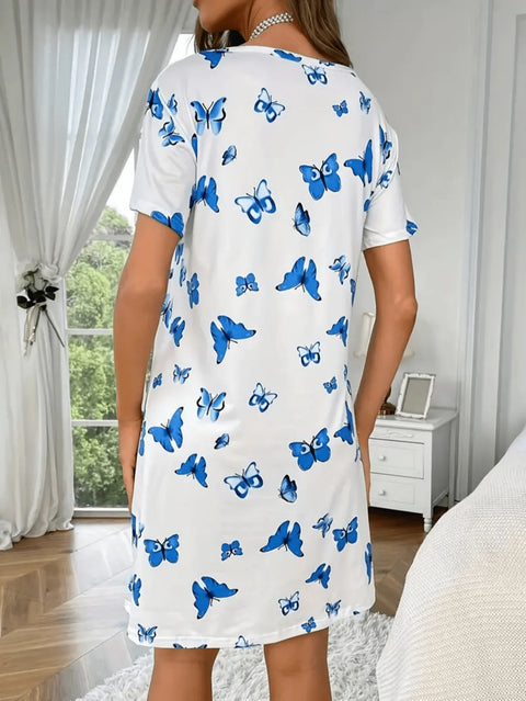 Soft and casual sleepwear dress, short-sleeved loose sleepwear with butterfly print, women&