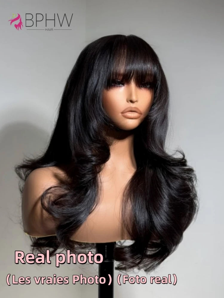 30 inches Body Wave Human Hair Wigs With Bangs Short Bob Wig 180% Density Brazilian Fringe Remy Full Machine Made Wig For Women