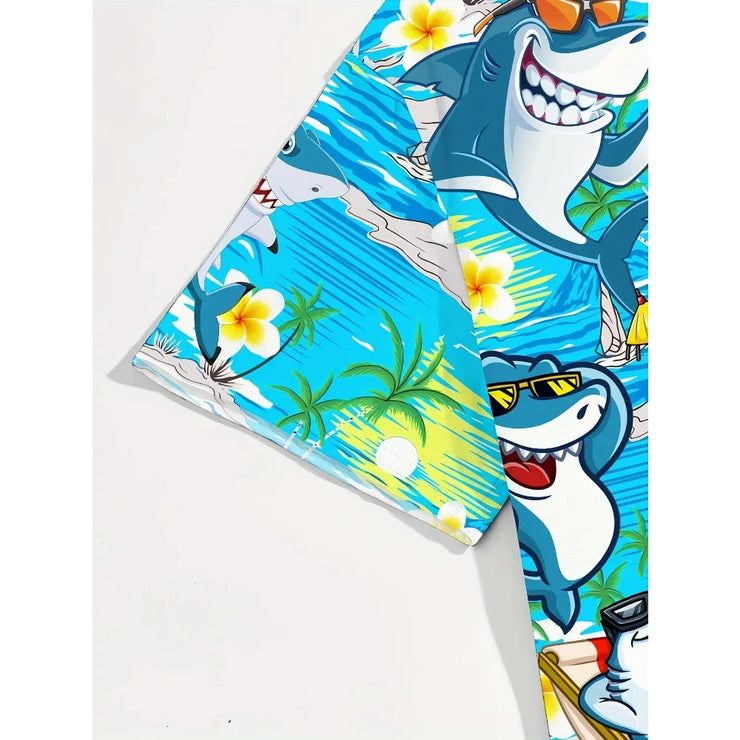 Men Shirts Cartoon Shark Hawaiian Shirt  Men Clothing