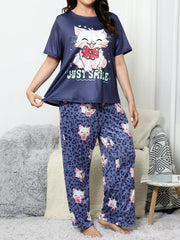 Milk silk sleepwear thin short sleeved long pants set  large size sleepwear  home sleepwear  cute style sleepwear