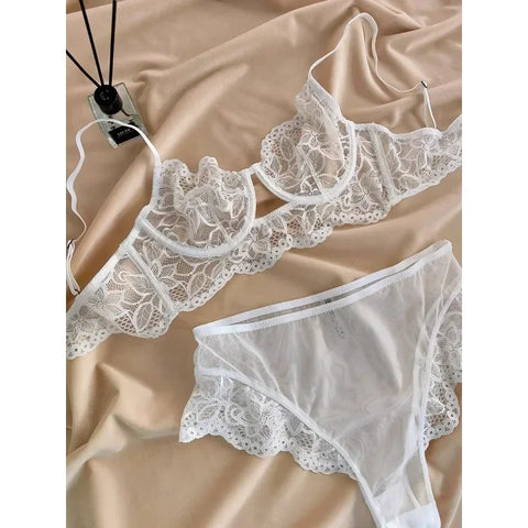 MOYISU White See-through Lace Big Breasts Small Bra Underwear Ultra Thin Set Sexy Pure Desire Underwear Underwear Underwear Set