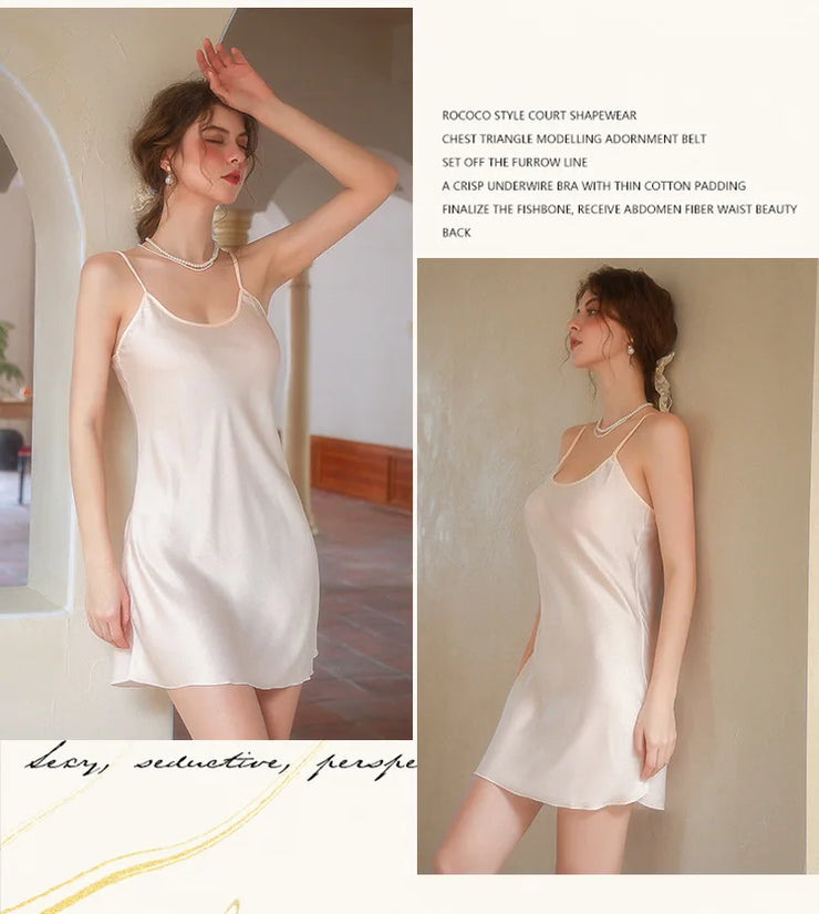 Sexy Sleepwear Women Solid Silk O-Neck Nightgown Soft Satin Lingerie Night Dress Sleeveless Sleepwear Female Clothes