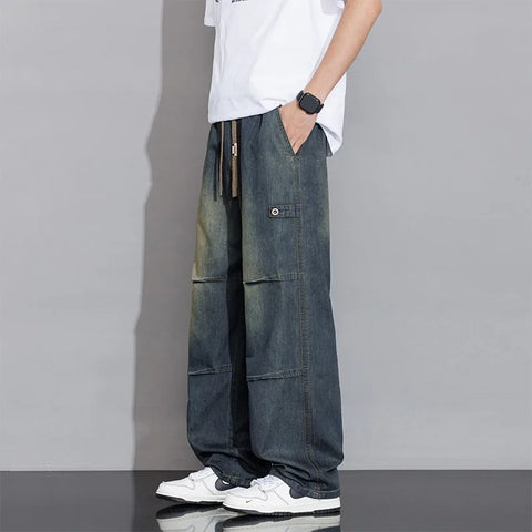 2025 Spring Summer New Vintage Washed Cotton Jeans for Men Clothing Drawstring Straight Men Pants
