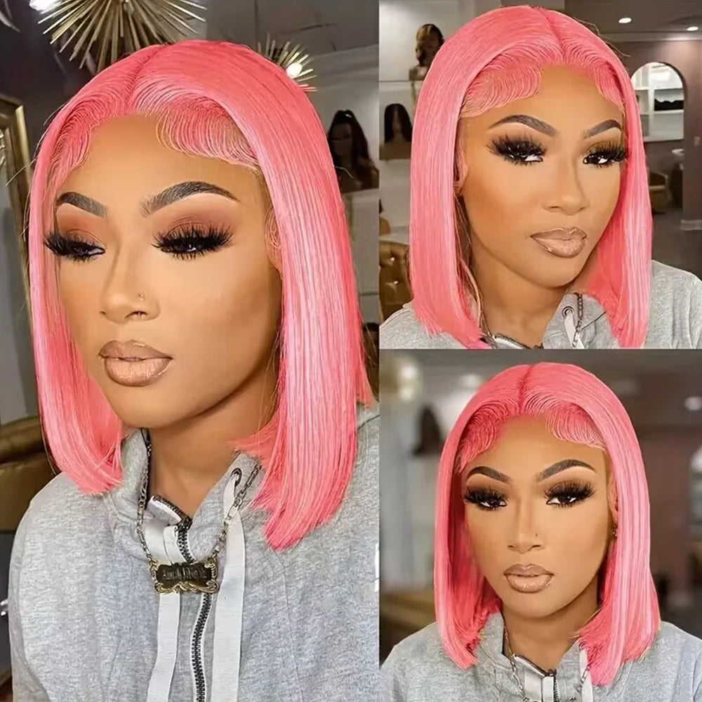 13x4 Short Bob Wig HD Transparent Lace Light Pink Wig Preplucked Lace Frontal Wigs Brazilian Virgin Human Hair 14 Inch 10 Inch