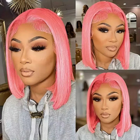 13x4 Short Bob Wig HD Transparent Lace Light Pink Wig Preplucked Lace Frontal Wigs Brazilian Virgin Human Hair 14 Inch 10 Inch